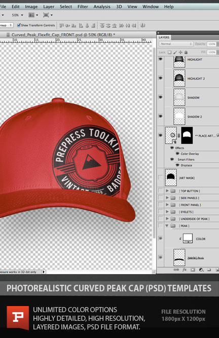 Flexfit Curved Peak Cap Hat photoshop layered template psd mockup